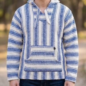 Baja Billys Mens XL Blue White Hoodie Baja Poncho Drug Rug Striped Woven‎
